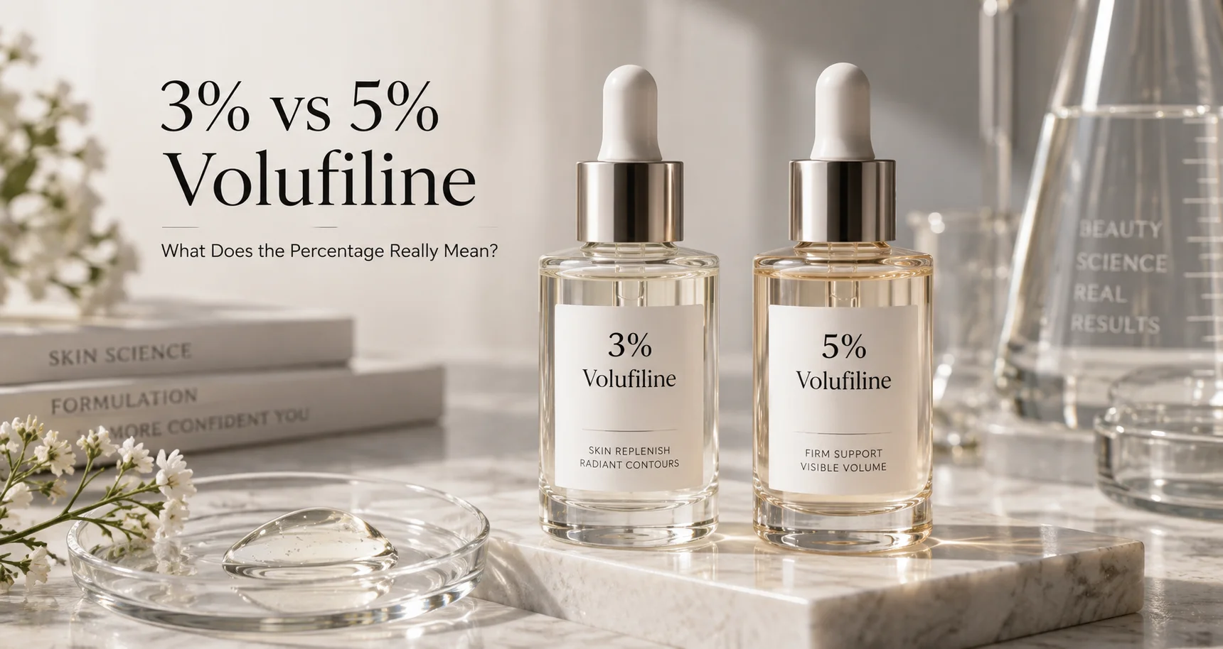 Comparison of 3% and 5% Volufiline skincare products in glass bottles with droppers, displayed on a marble surface with floral and laboratory elements.